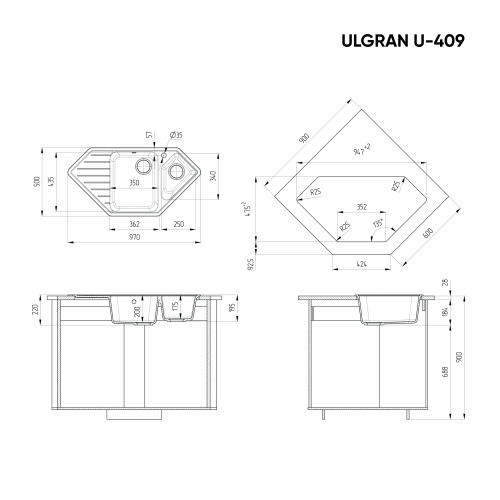 U409-310 Мойка Ulgran 2 чаши угловая СЕРАЯ фото 2