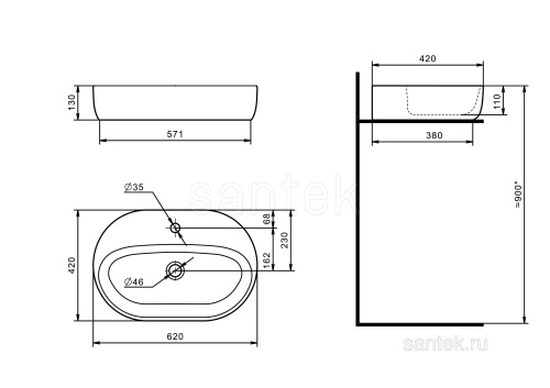 Умывальник накладной "Одри Round" 420x620 /Santek/ 1WH501710 фото 2