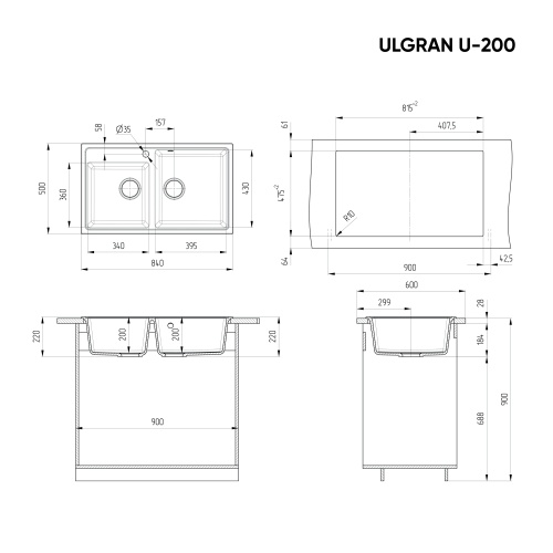 U200-331 ULGran мойка 2 чаши БЕЛЫЙ фото 2